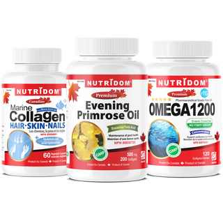 Nutridom Radiant Skin Trio- Marine Collagen, Omega-3, and Primrose Oil Set