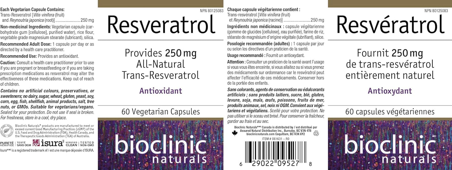 Bioclinic Naturals Resveratrol 250mg, 60 Veg Capsules