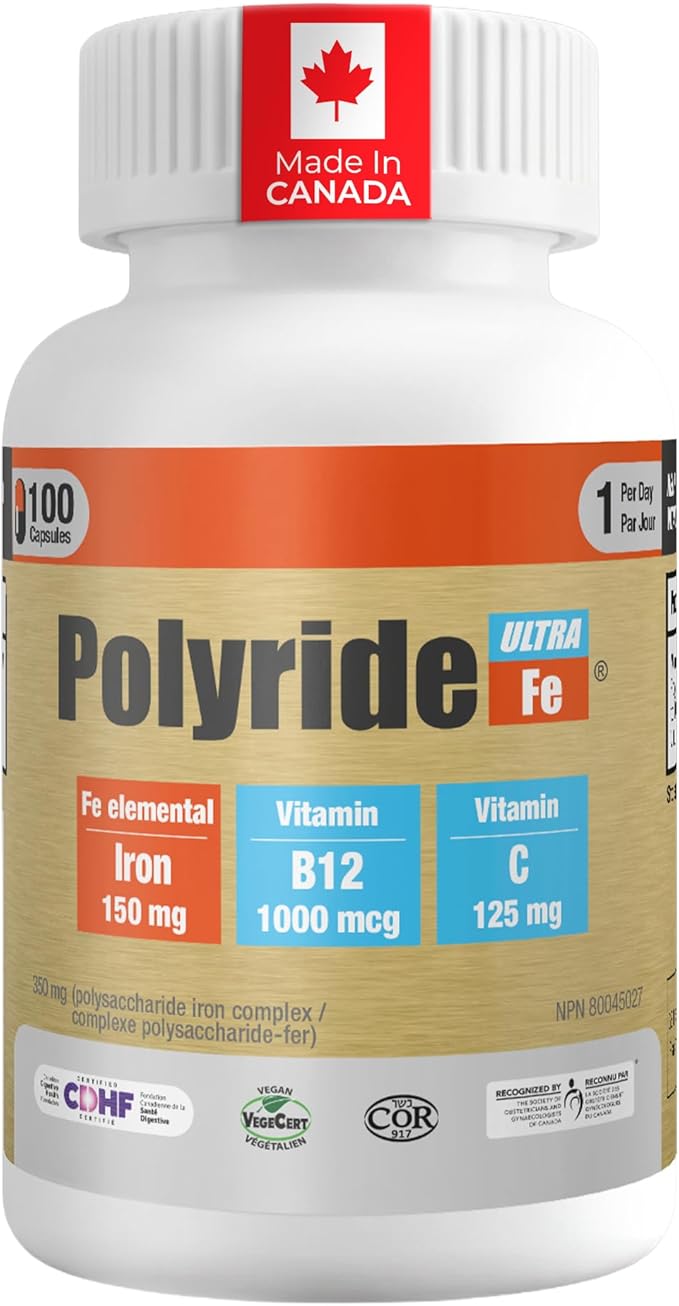 Polyride Fe Ultra with Vitamin C and B12 1000 mcg Iron Supplement, 100 Capsules