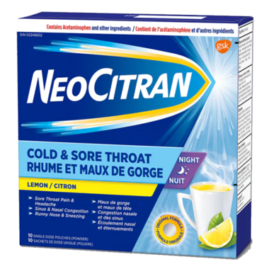 NeoCitran Cold & Sore Throat Night, Lemon 10 Pouches
