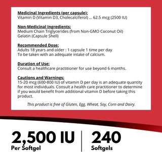 Nutridom Vitamin D3 2,500IU with MCT Oil (240 Softgels)