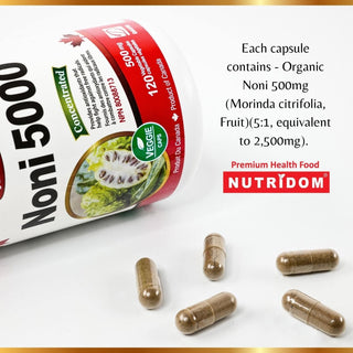 Nutridom Organic Noni 500mg, 5x Extra Strength (120 Veggie Capsules)