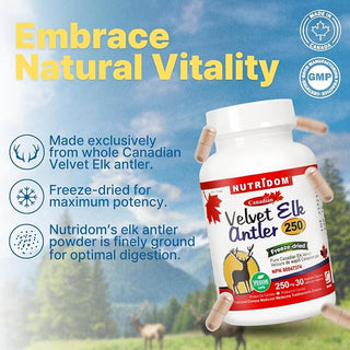 Nutridom Canadian Velvet Elk Antler 250mg, Freeze-Dried (30 Veggie Capsules)