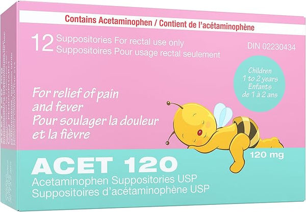 Acet 120 mg Acetaminophen Suppositories USP, 12 units