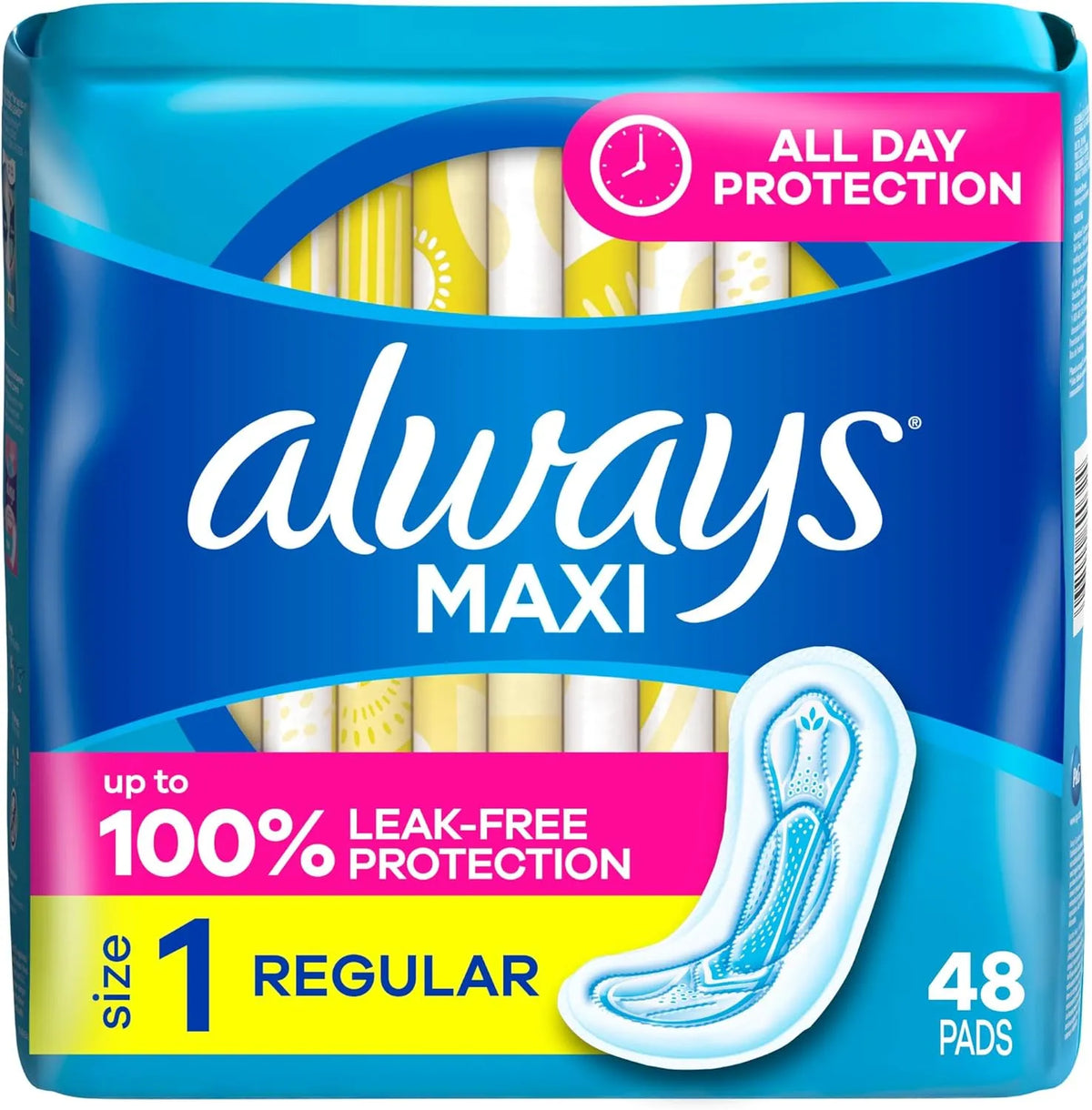Always Maxi Size 1 Regular Pads Without Wings, Unscented, 48 Pads