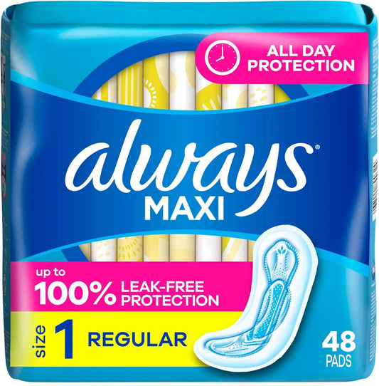 Always Maxi Size 1 Regular Pads Without Wings, Unscented, 48 Pads