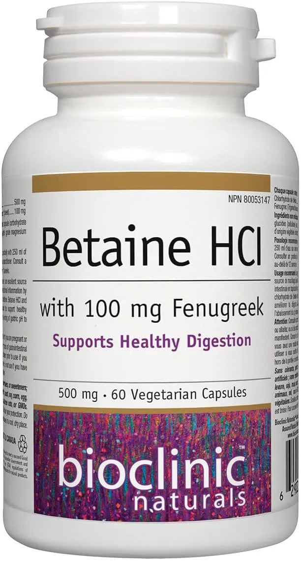 Bioclinic Naturals Betaine HCI 500 mg with 100 mg of Fenugreek, 60 Vegetarian Capsules