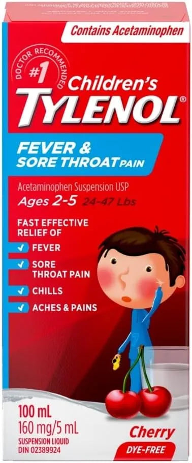 Children's Tylenol Fever & Sore Throat Pain Cherry, 100 mL