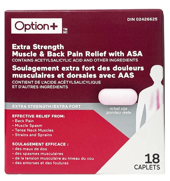 Option+ Extra Strength Muscle & Back Pain Relief with ASA Caplets, 18 Caplets