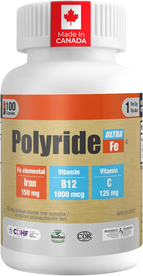 Polyride Fe Ultra with Vitamin C and B12 1000 mcg Iron Supplement, 100 Capsules