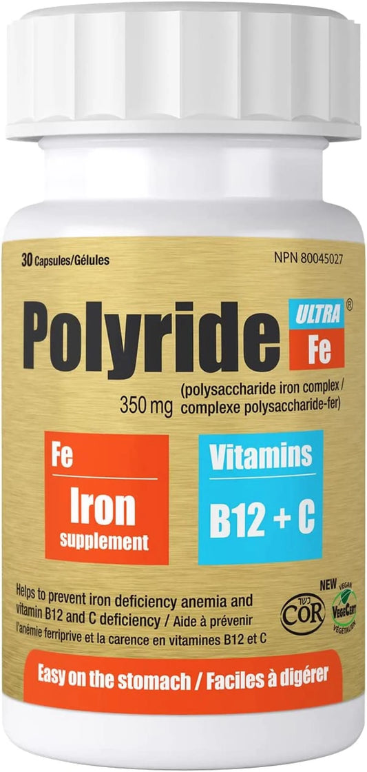 Polyride Fe Ultra with Vitamin C and B12 1000 mcg Iron Supplement, 30 Capsules