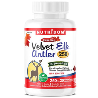 Nutridom Canadian Velvet Elk Antler 250mg, Freeze-Dried (30 Veggie Capsules)