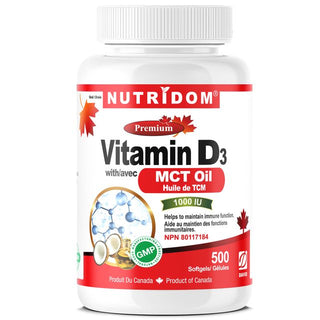 Nutridom Vitamin D3 1,000IU with coconut MCT Oil (500 Softgels)